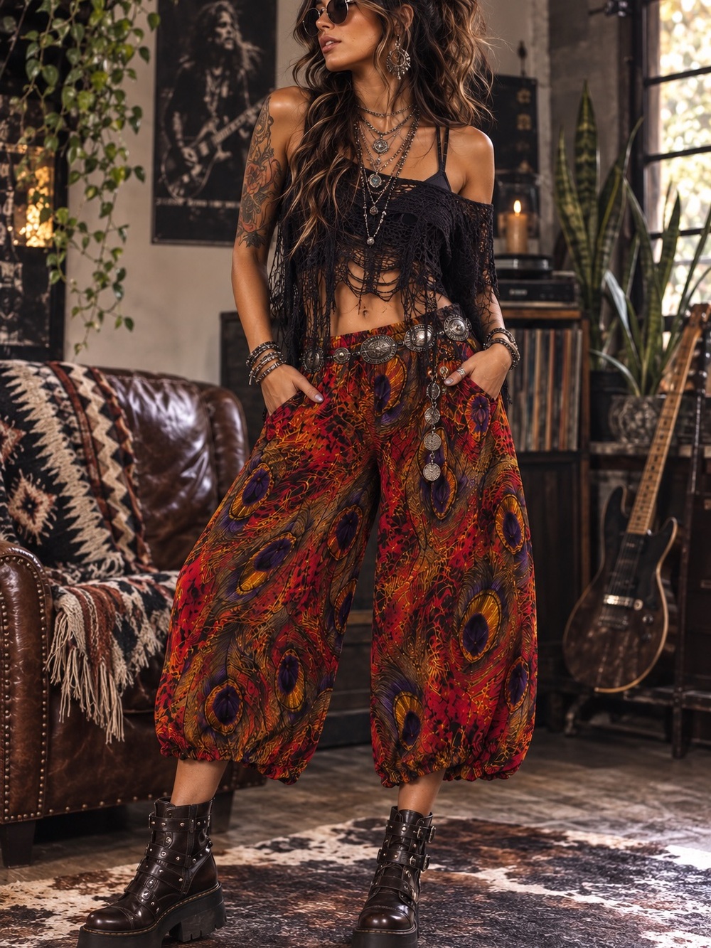 Gypsy Rose Peacock Print Wide Leg Cropped Harem Pants Boho Festival S M